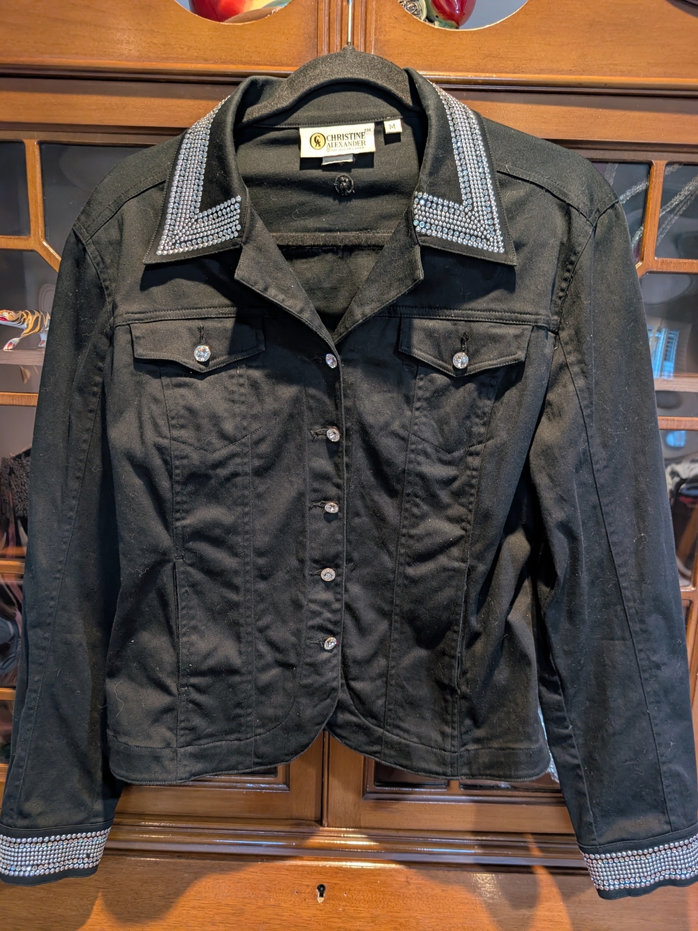 Christine Alexander Black Denim Jacket with Rhinestone Collar & Cuff Size M